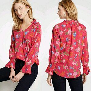 Ann Taylor Pink and Blue Blouse with Ruffled Mandarin Collar and Cuffed Sleeves